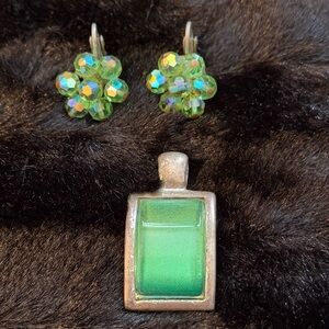 Vintage Emerald Green Crystal Earrings and Green Silver Tone Pendant Set